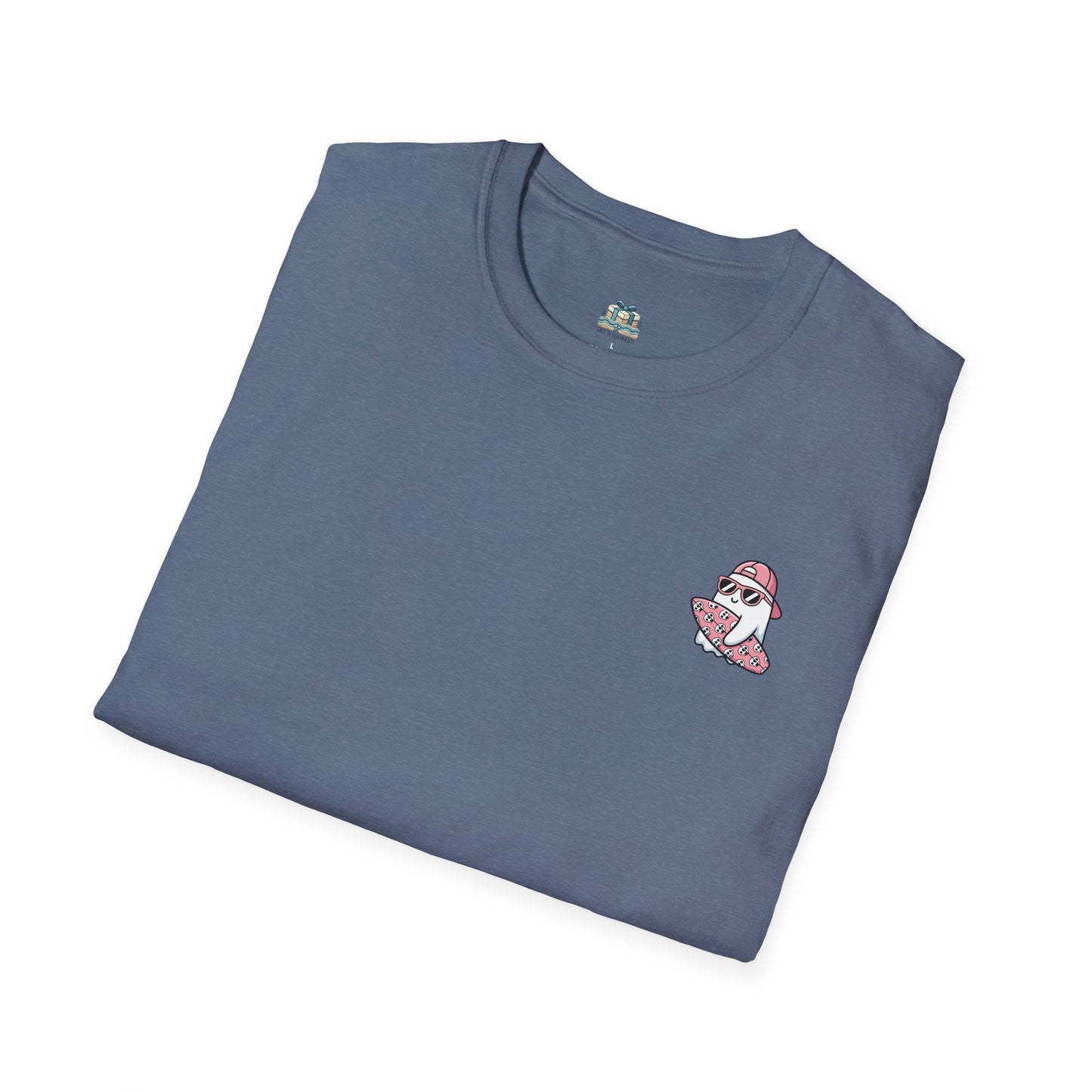 Folded blue t-shirt with a small logo on a white background