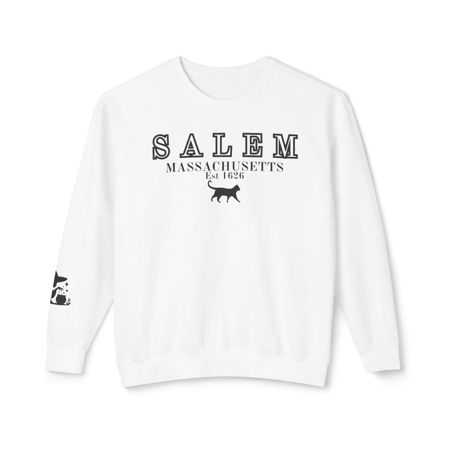 Salem, Massachusetts Est. 1629 Halloween Sweatshirt - Custom Design with Witch & Black Cat