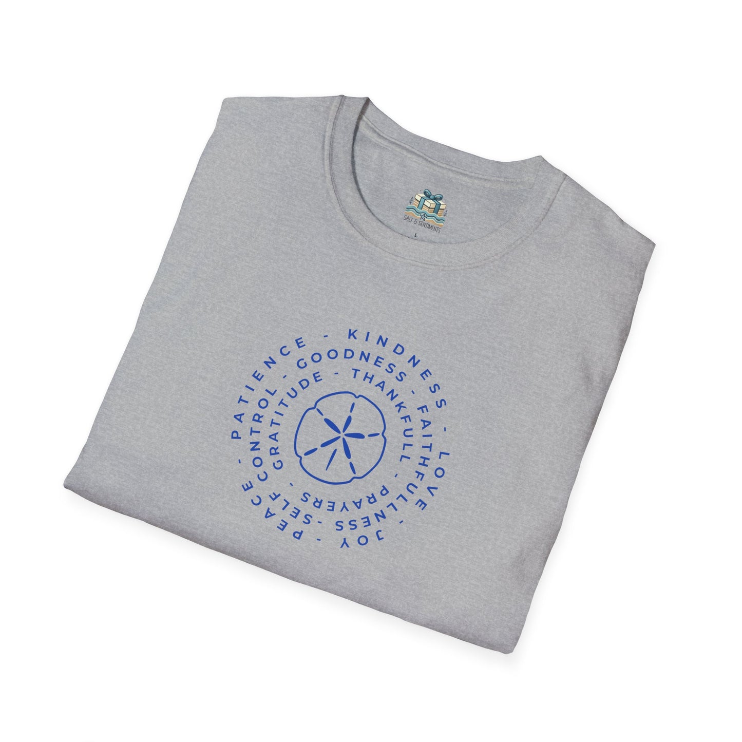 Folded gray t-shirt with blue text and design on a white background