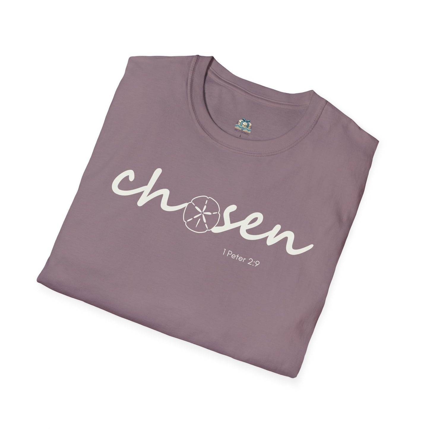 Folded purple t-shirt with 'chosen' text on a white background