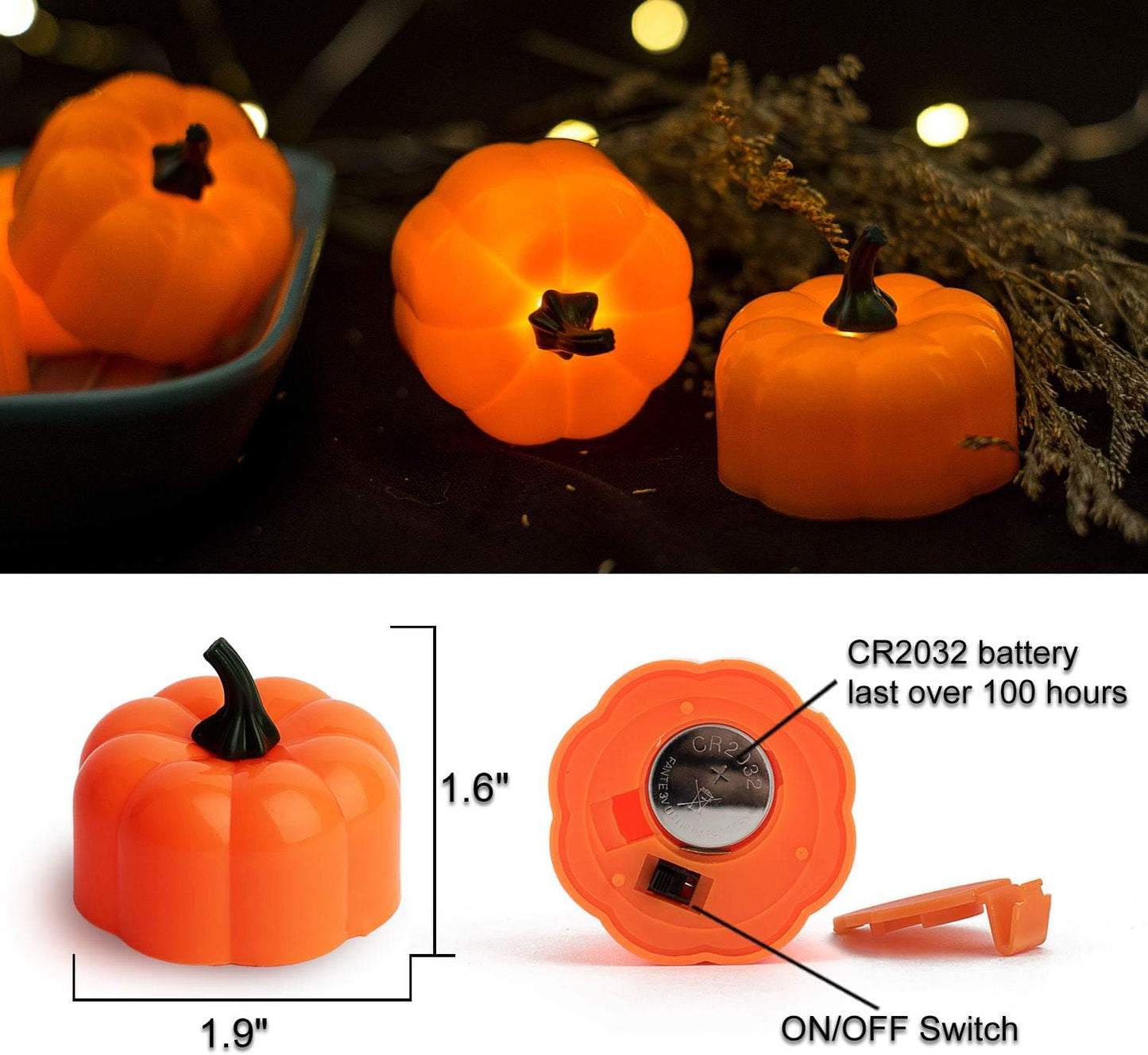 Halloween 12 Pack LED Pumpkin Lights, Jack-O'-Lantern, Small Orange Flickering Tea Lights, for Halloween, Fall Festival Decorations