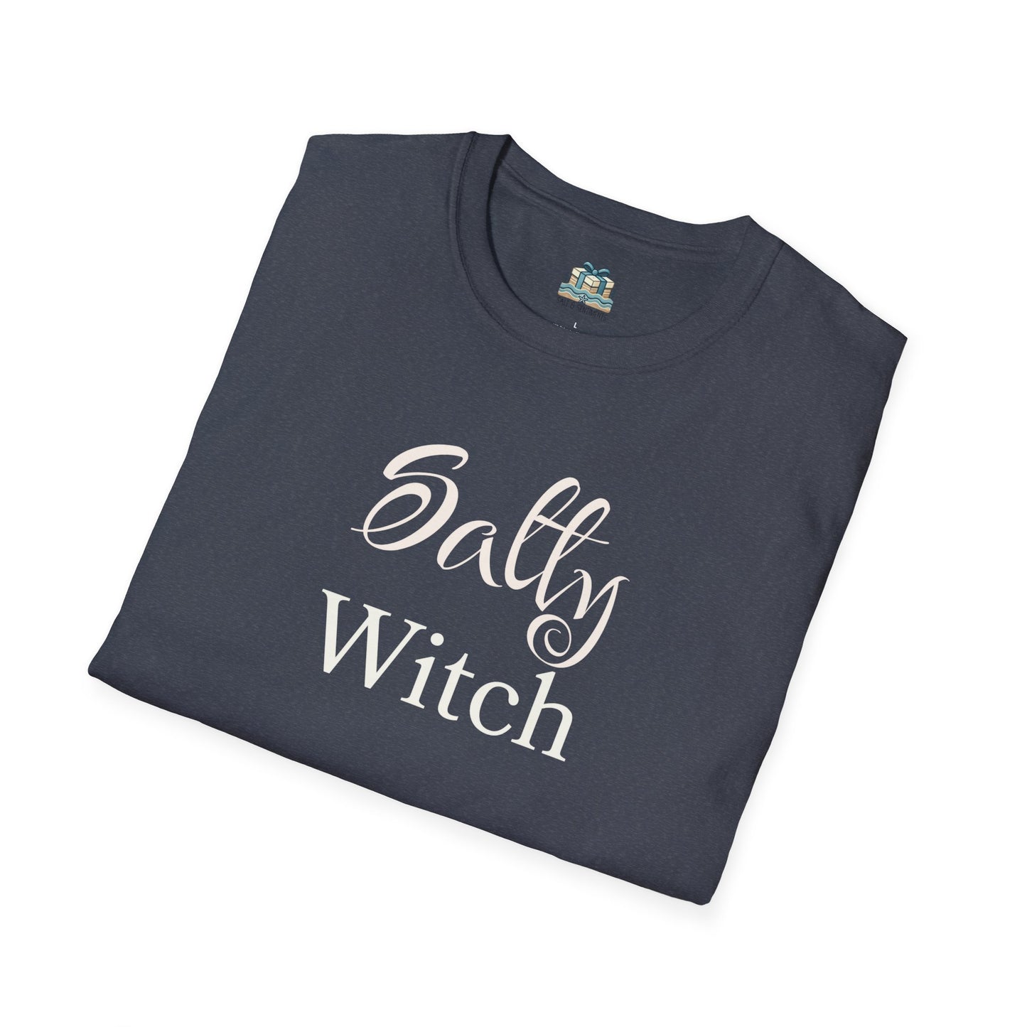 Folded navy blue t-shirt with 'Salty Witch' text on a white background