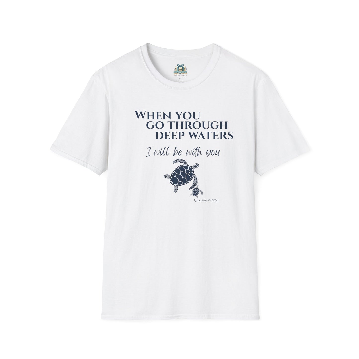 White t-shirt with turtle graphic and motivational quote on a white background