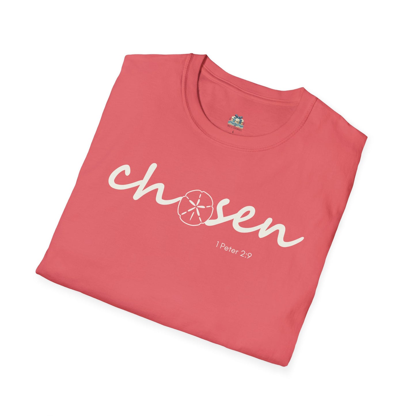 Folded pink t-shirt with 'chosen' text on a white background