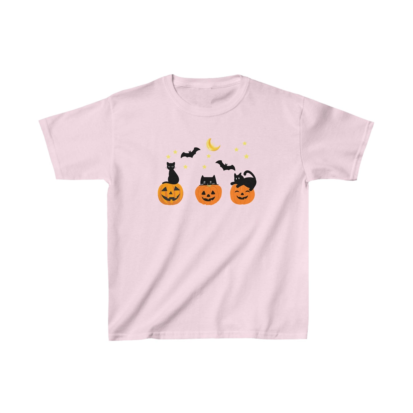 A kids' pink T-shirt with a graphic print of three smiling pumpkins and black cats against a night sky.