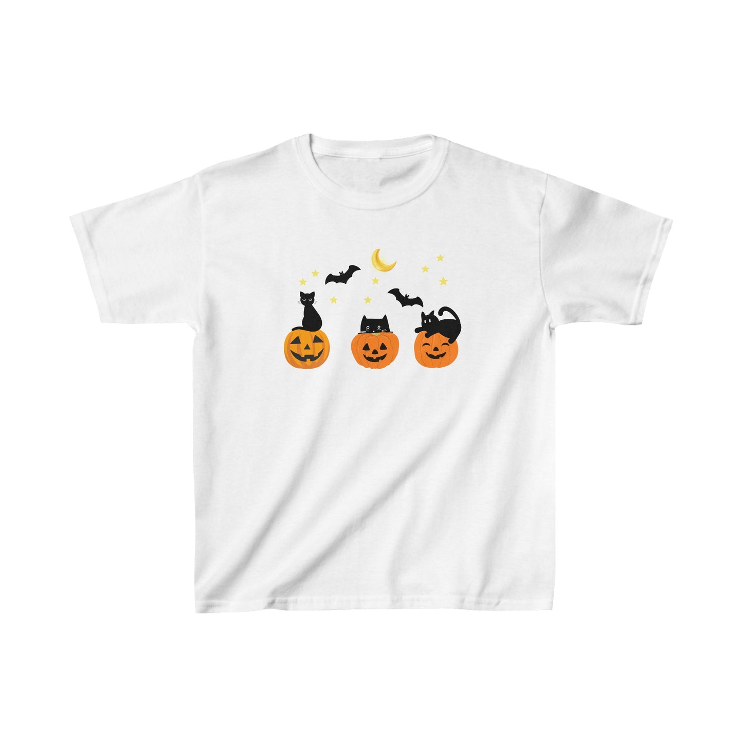 A kids' pink T-shirt with a graphic print of three smiling pumpkins and black cats against a night sky.