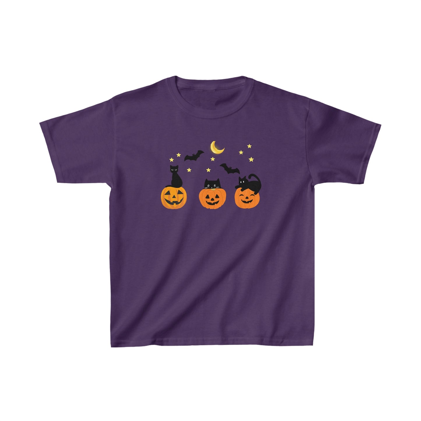 A kids' pink T-shirt with a graphic print of three smiling pumpkins and black cats against a night sky.