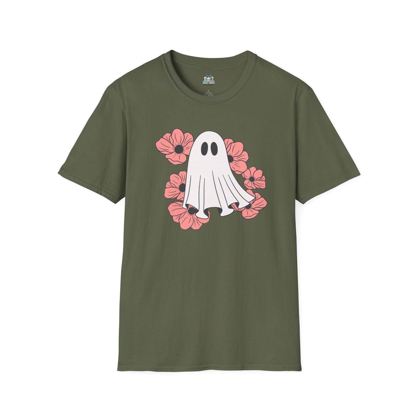 Green t-shirt with a ghost and flower design on a white background