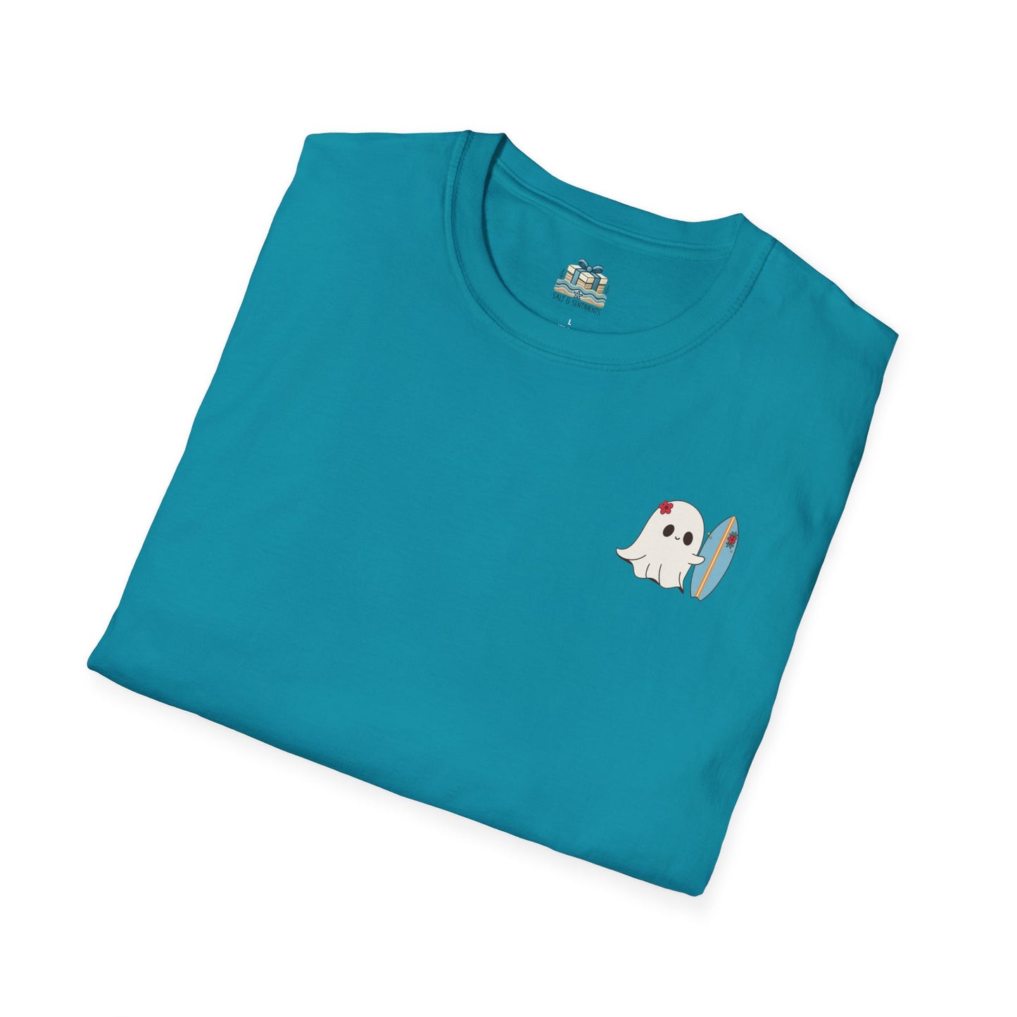 Folded teal t-shirt with a ghost design on a white background
