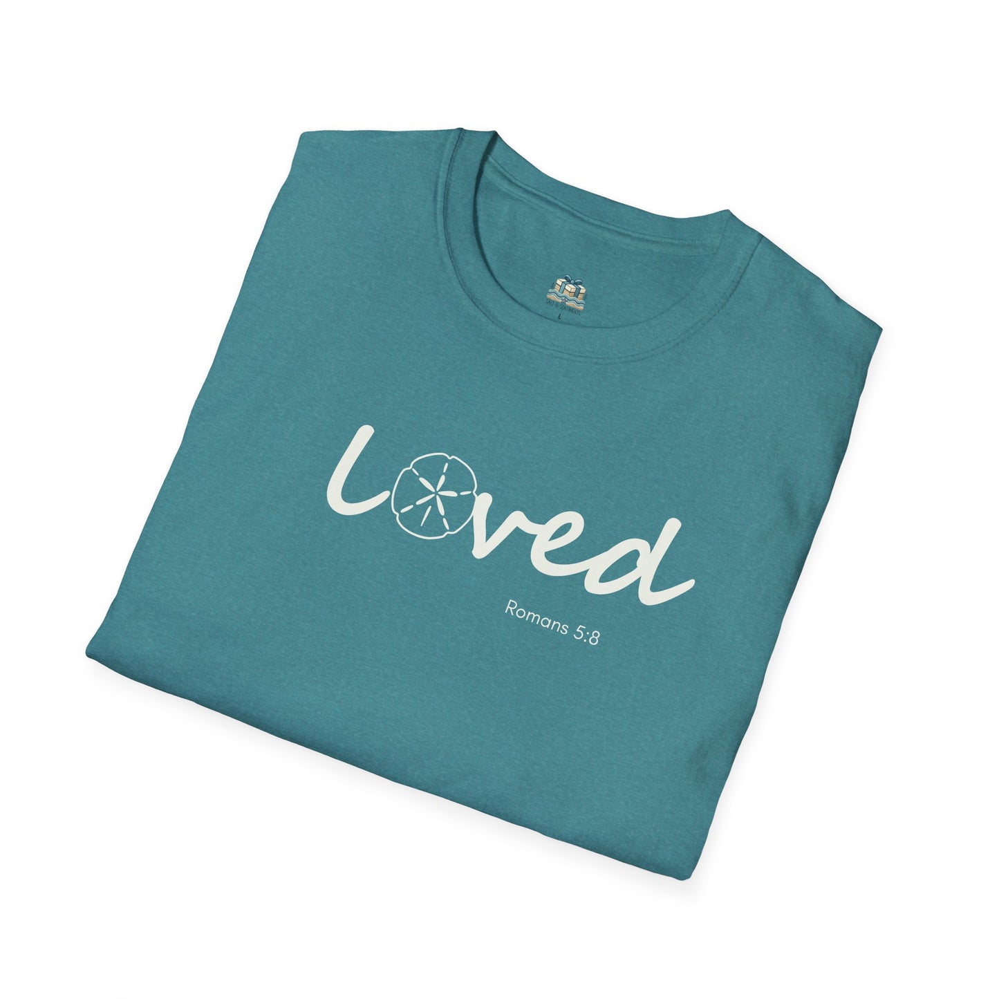 Teal t-shirt with 'loved' text on a white background