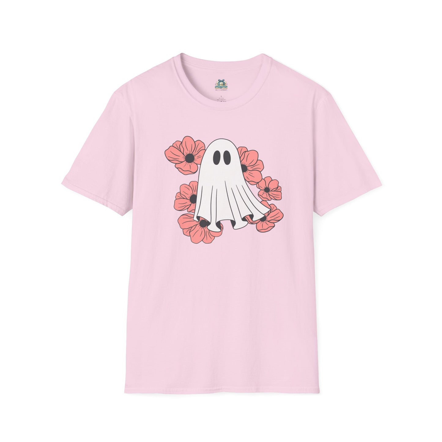 Pink t-shirt with a ghost and flower design on a white background