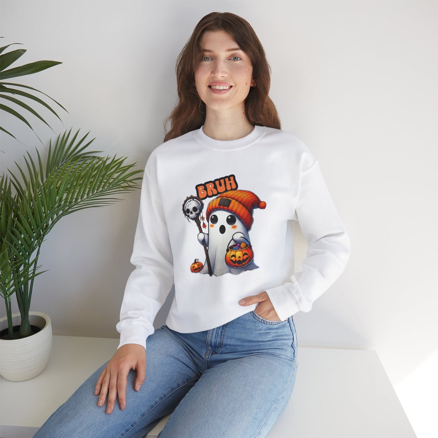 Halloween| Cute Halloween Sweatshirt with 'Bruh' Ghost in Orange Beanie – Perfect for a Playful Fall Look!