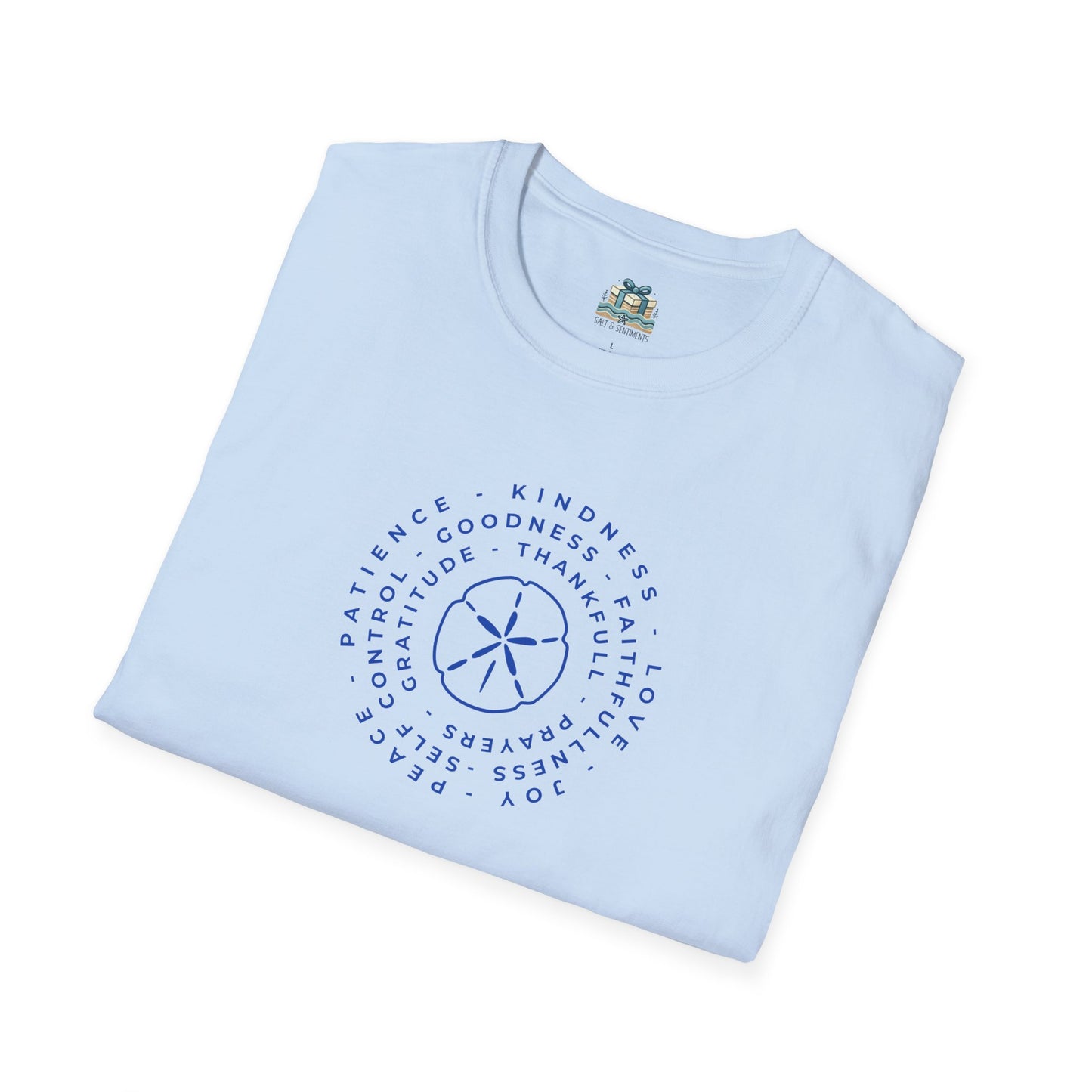 Light blue t-shirt with a circular design and text on a white background
