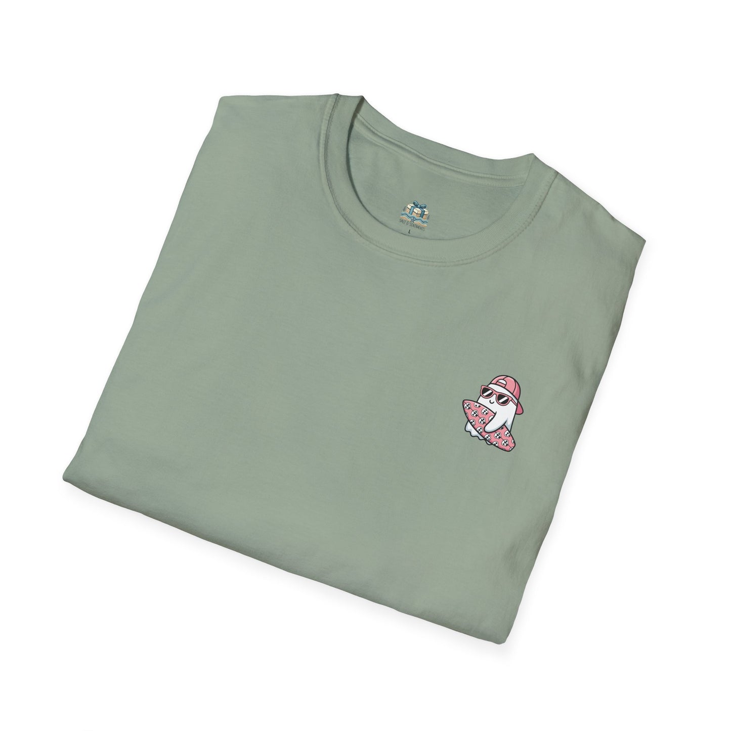 Folded green t-shirt with a small logo on a white background