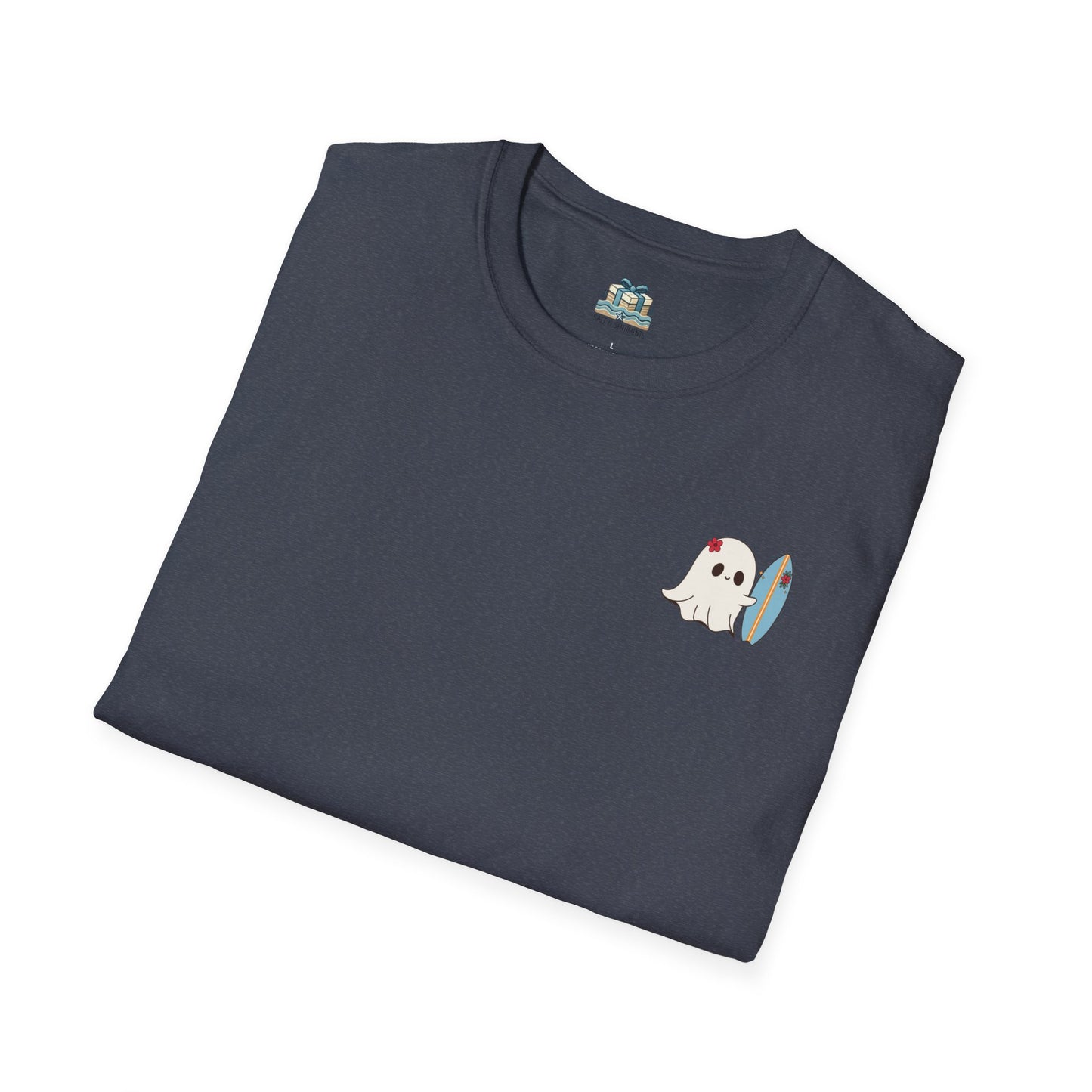 Folded navy blue t-shirt with a ghost and surfboard graphic on a white background
