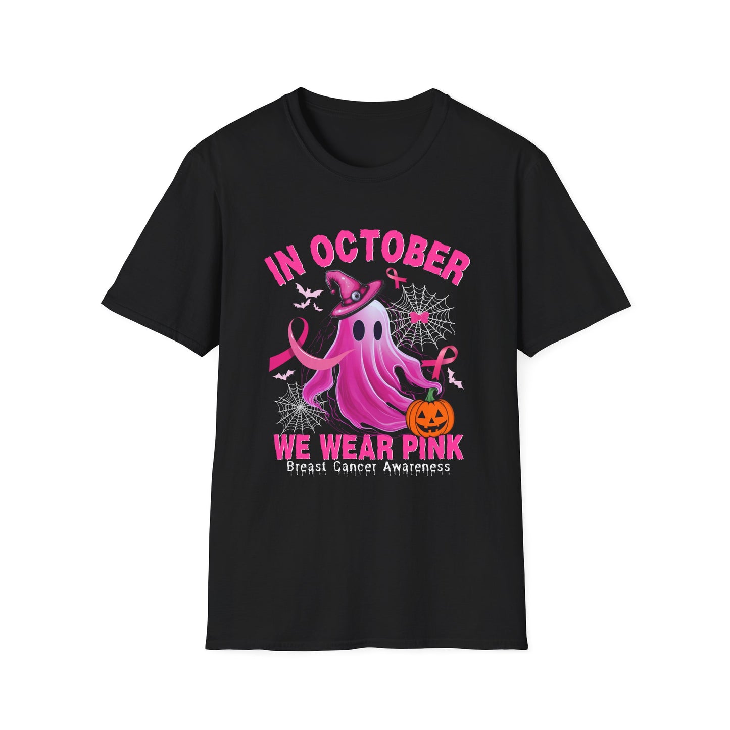 October-themed black tee with Breast Cancer Awareness ribbon and cute spooky ghost design.