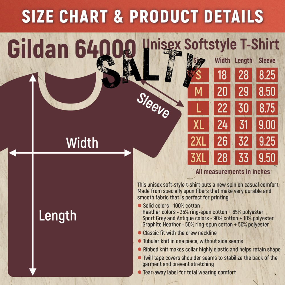 Size chart and product details for Gildan 64000 Unisex Softstyle T-Shirt with 'Salty' text.