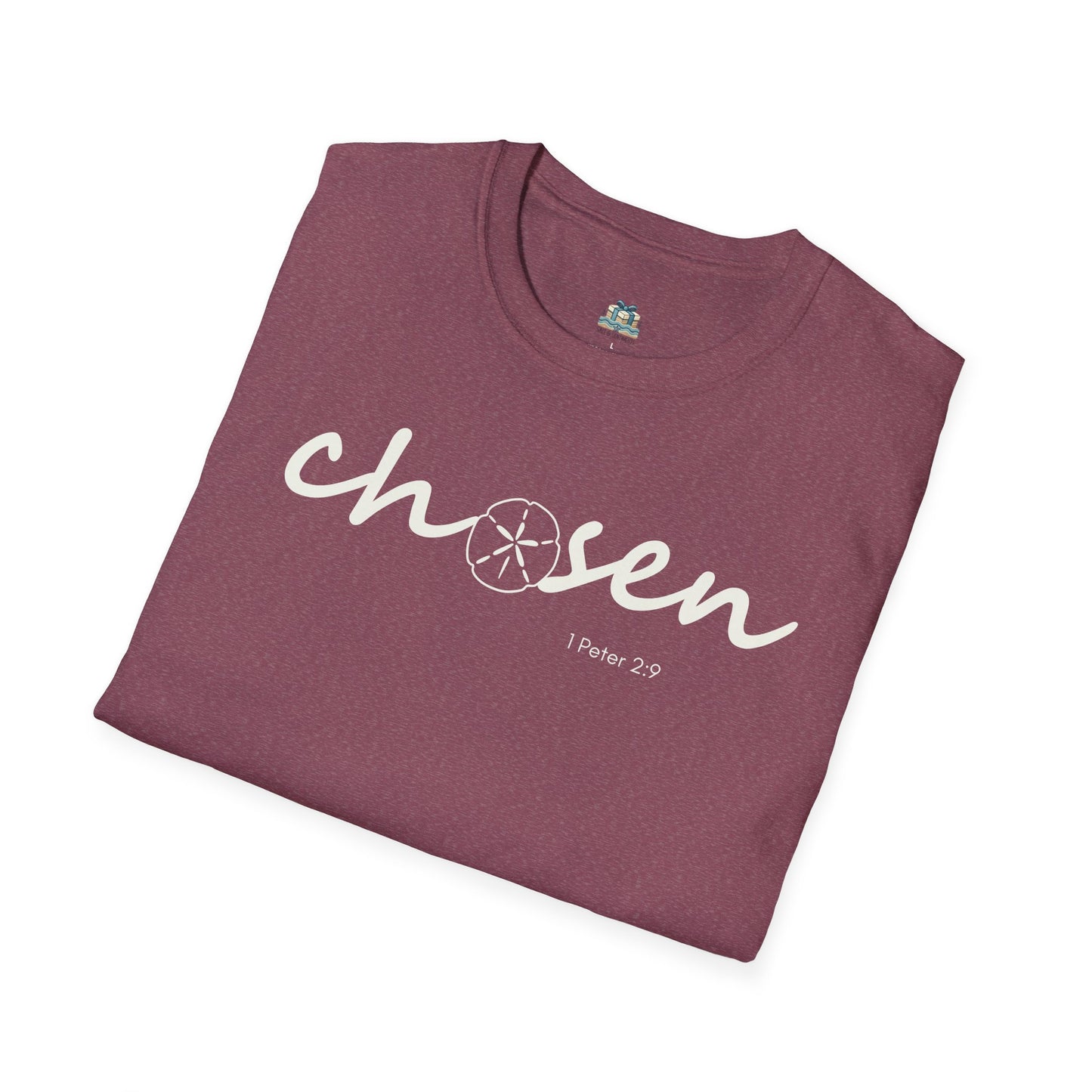 Folded maroon t-shirt with 'chosen' text on a white background