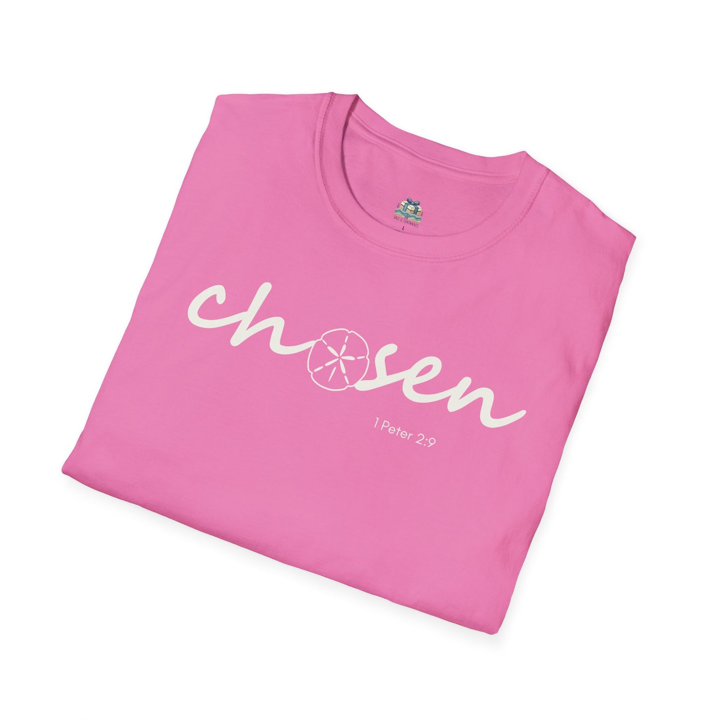 Pink t-shirt with 'chosen' text on a white background