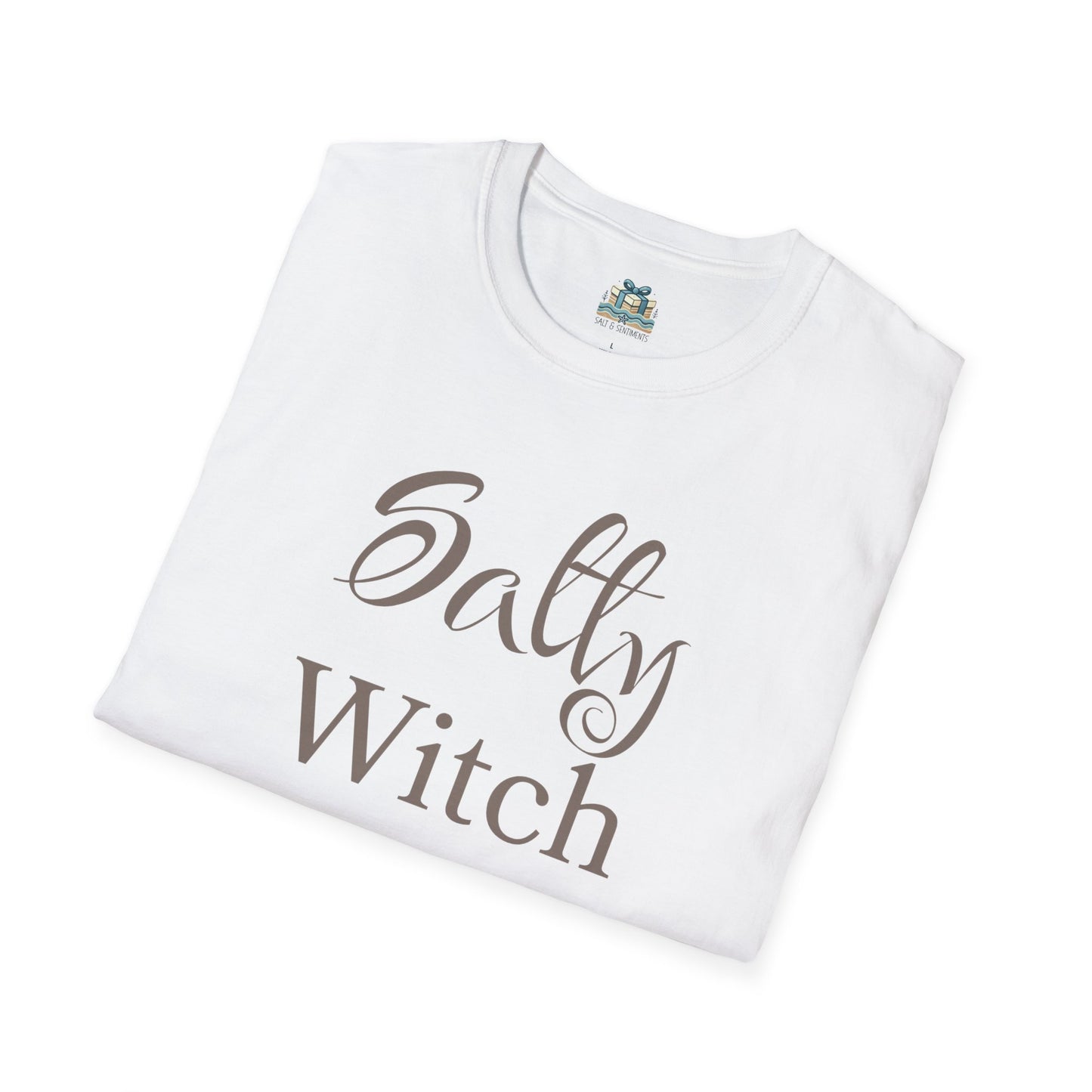 White t-shirt with 'Salty Witch' text on a white background