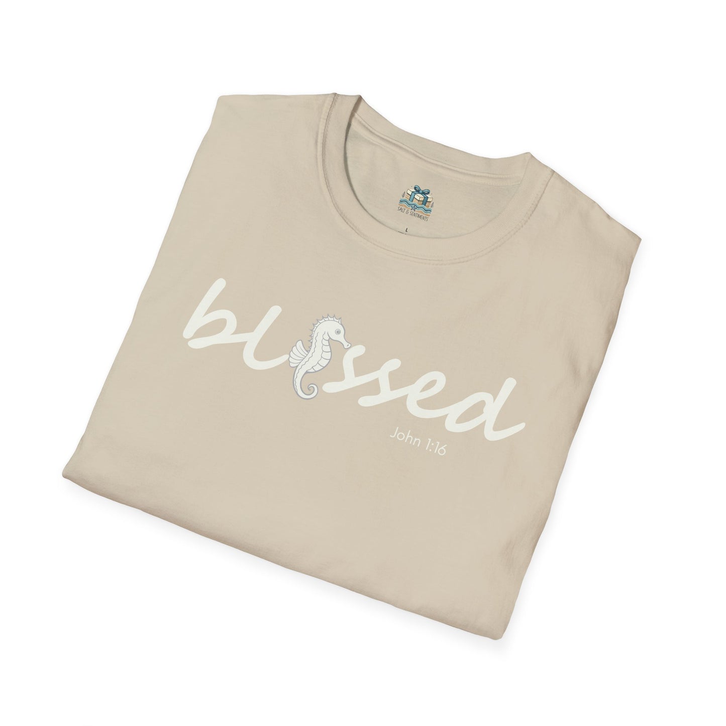 Beige t-shirt with 'blessed' text on a white background