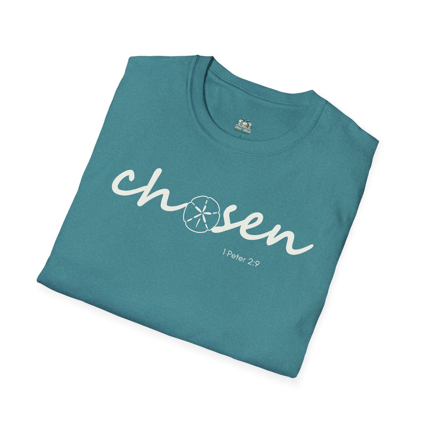 Teal t-shirt with 'chosen' text on a white background