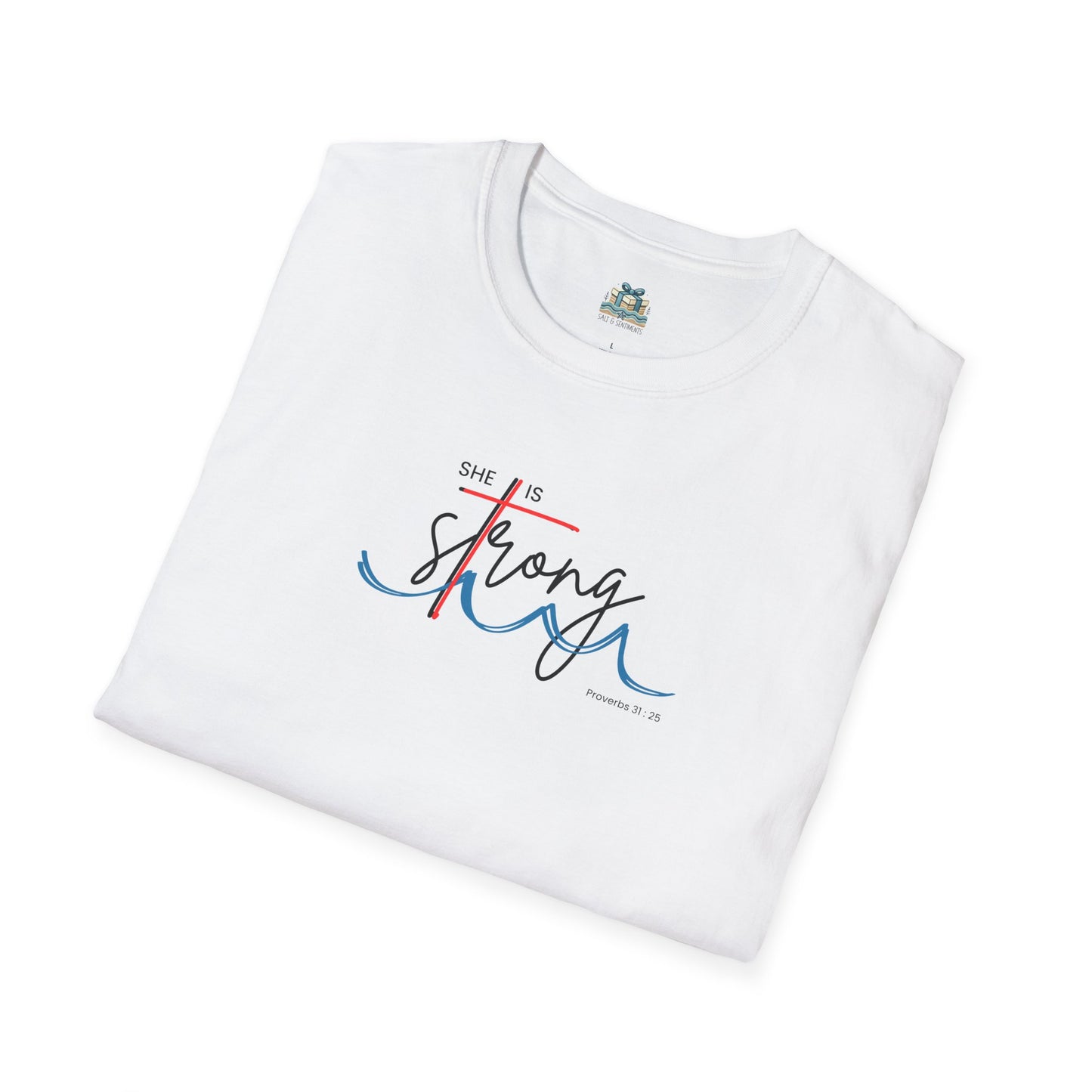 White t-shirt with 'She is Strong' text design on a white background
