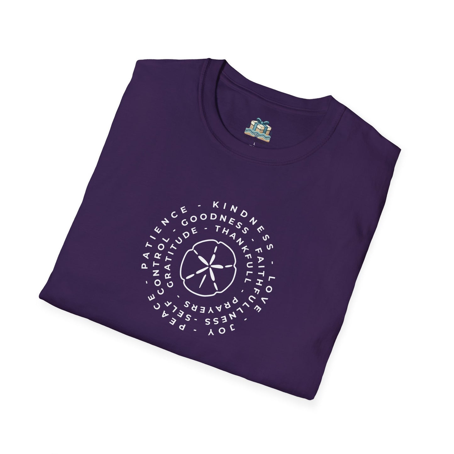 Folded purple t-shirt with white text and design on a white background