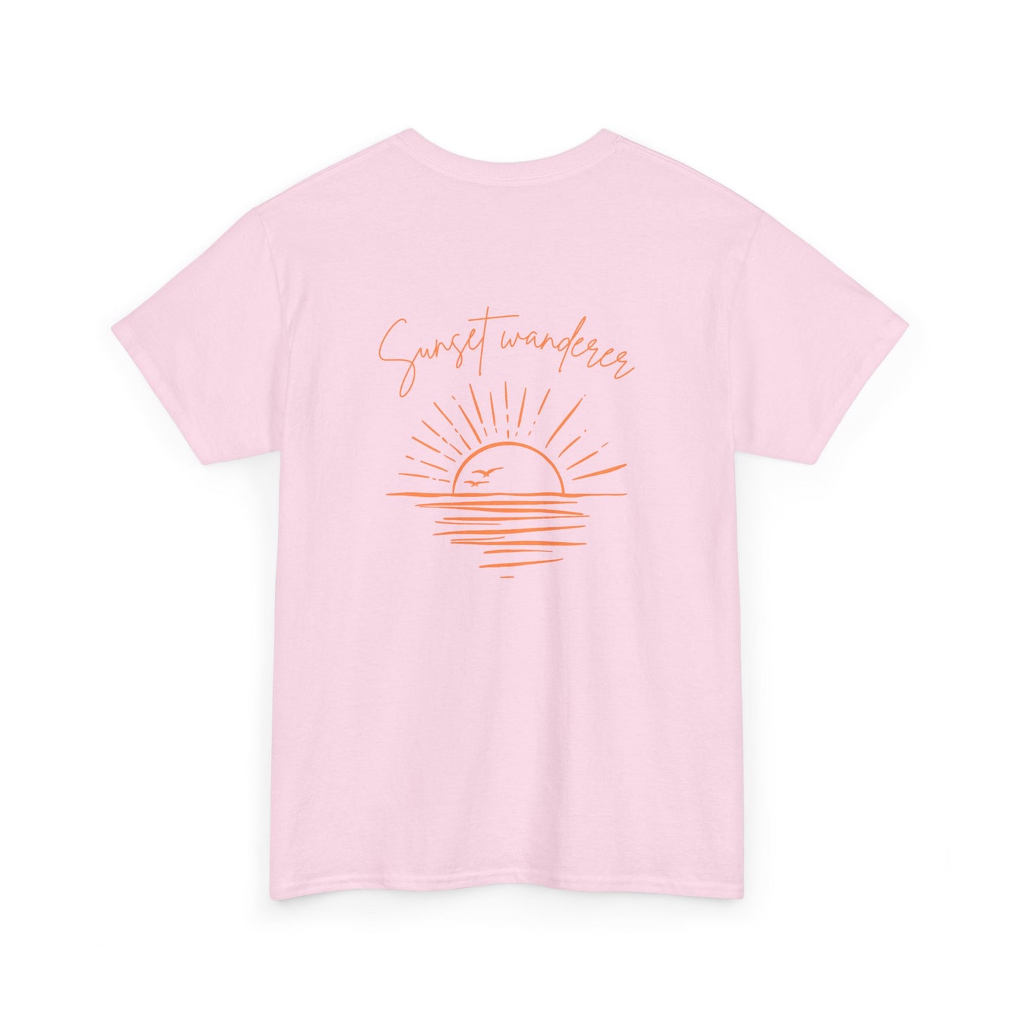 Sunset Wanderer Tee – Soft Pink Boho Beach Graphic Shirt