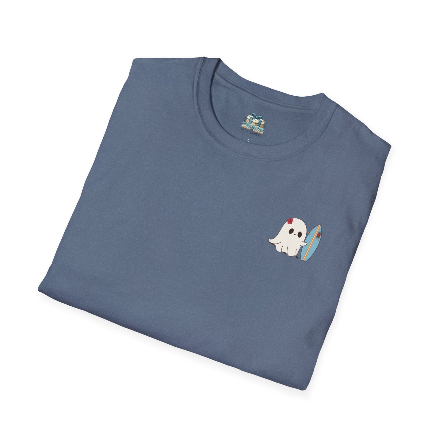 Folded blue t-shirt with a ghost holding a surfboard graphic on a white background