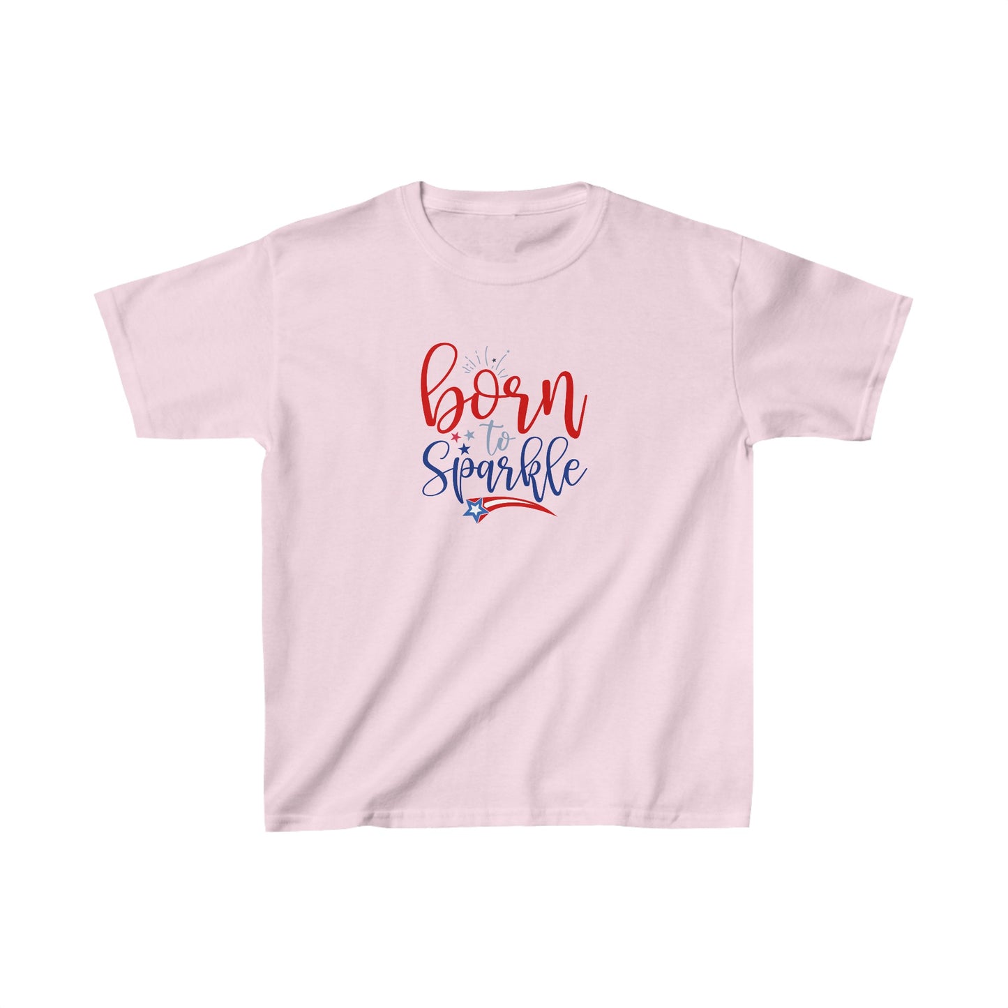 Pink kids' T-shirt with the phrase "Born to Sparkle" in red and blue lettering, accented with patriotic stars and a shooting star