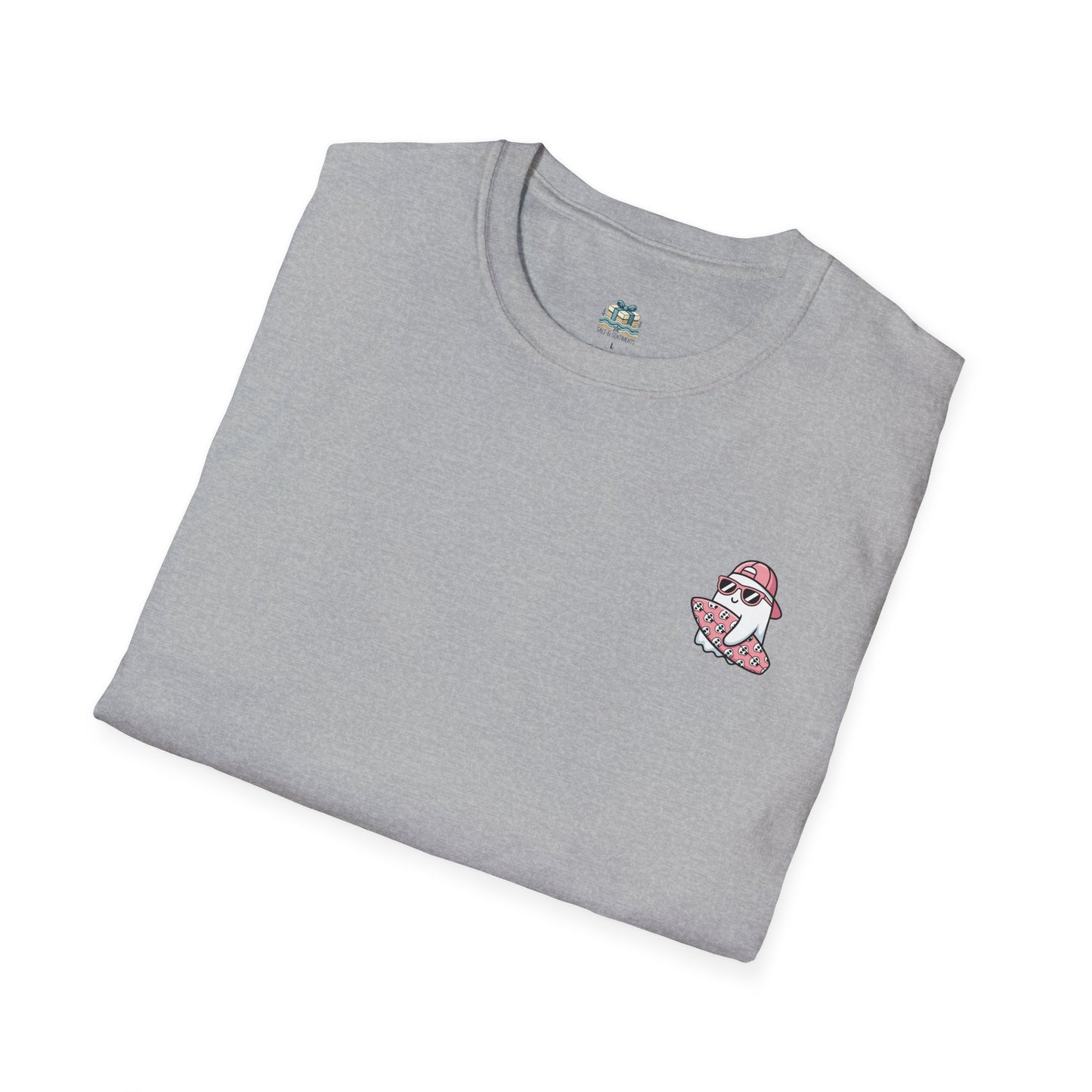 Folded gray t-shirt with a small red and white graphic on a white background