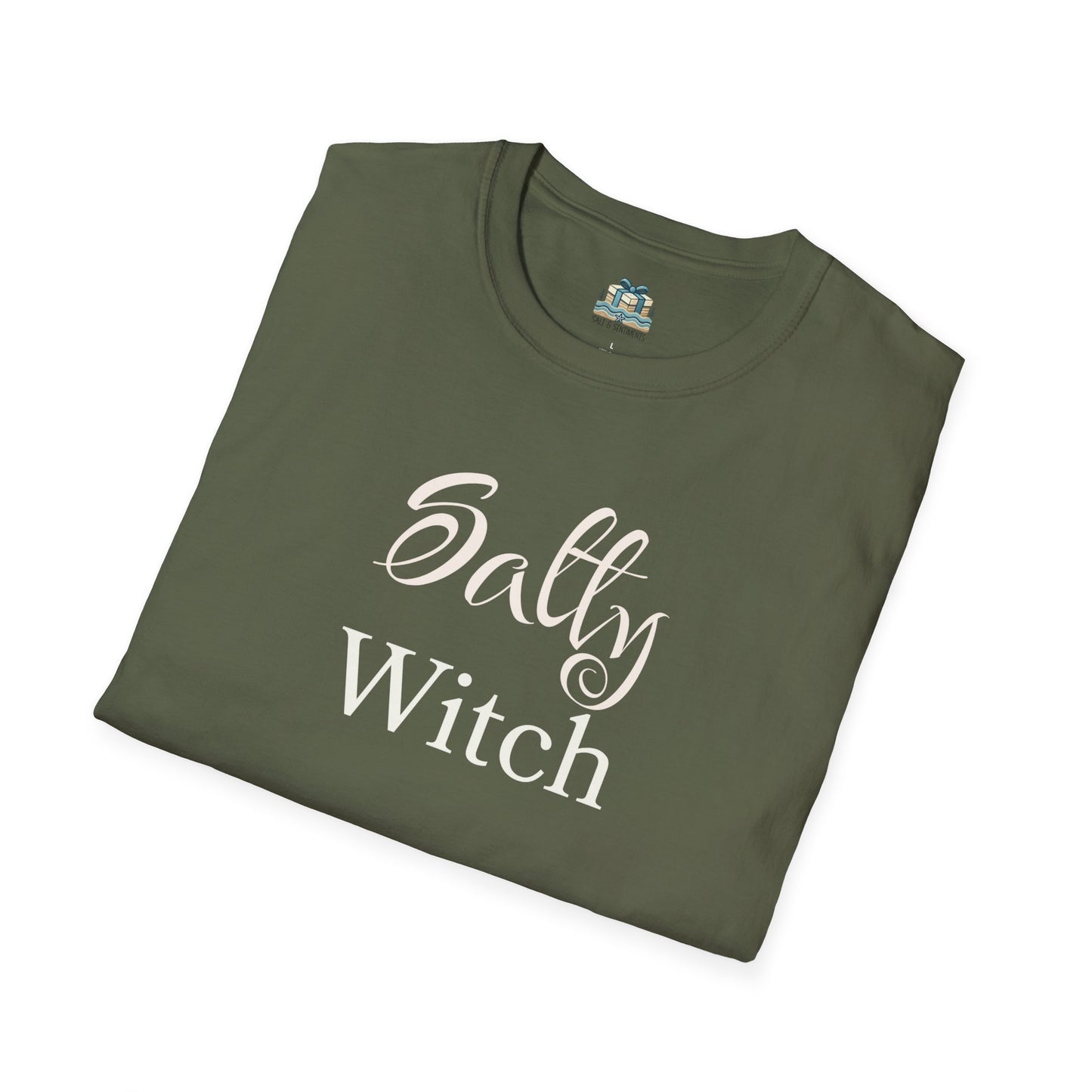 Folded green t-shirt with 'Salty Witch' text on a white background