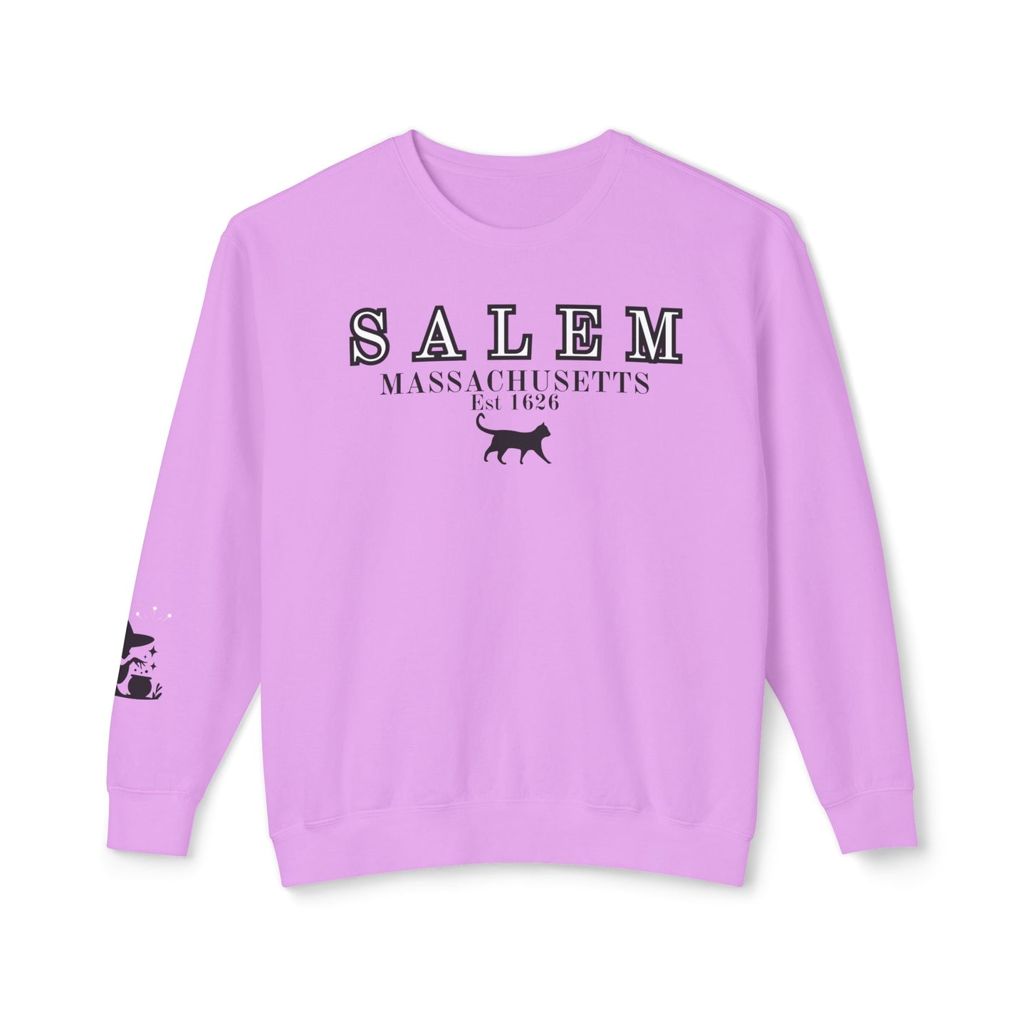Salem, Massachusetts Est. 1629 Halloween Sweatshirt - Custom Design with Witch & Black Cat