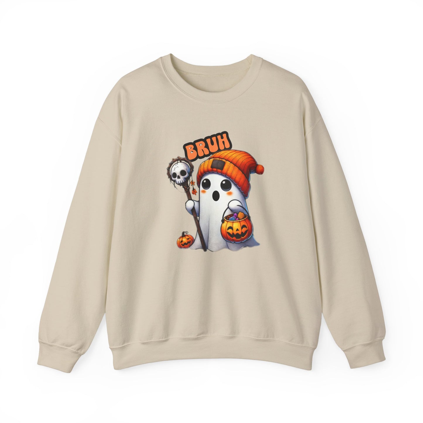 Halloween| Cute Halloween Sweatshirt with 'Bruh' Ghost in Orange Beanie – Perfect for a Playful Fall Look!