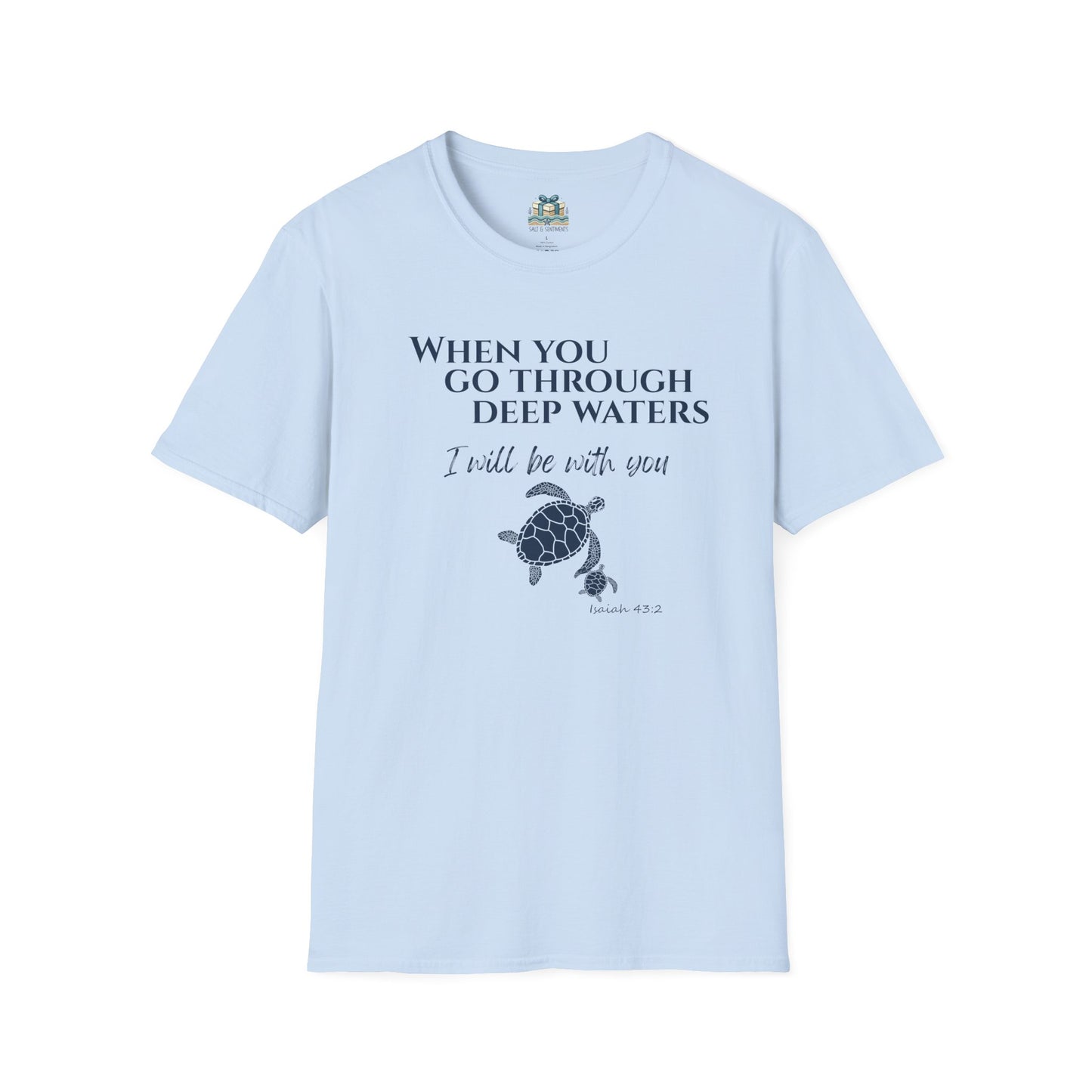 Light blue t-shirt with turtle graphic and text on a white background