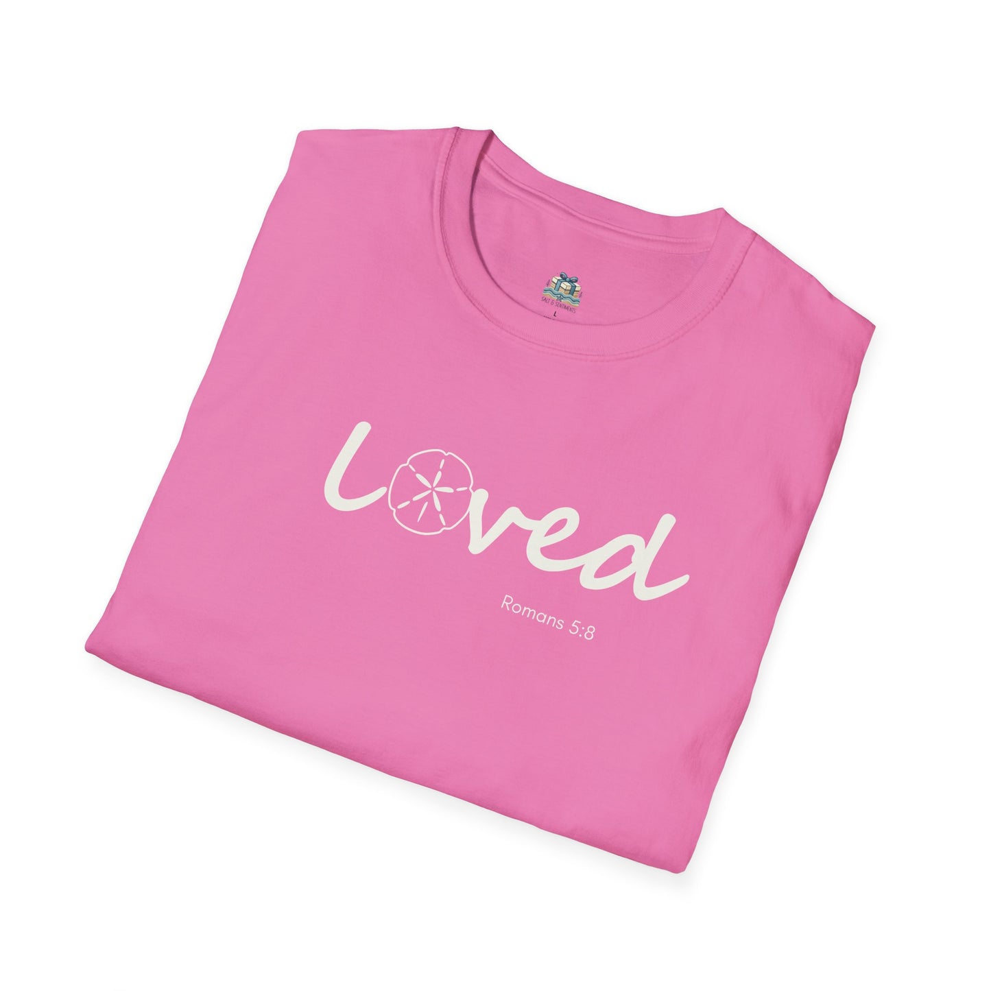 Pink t-shirt with 'loved' text on a white background