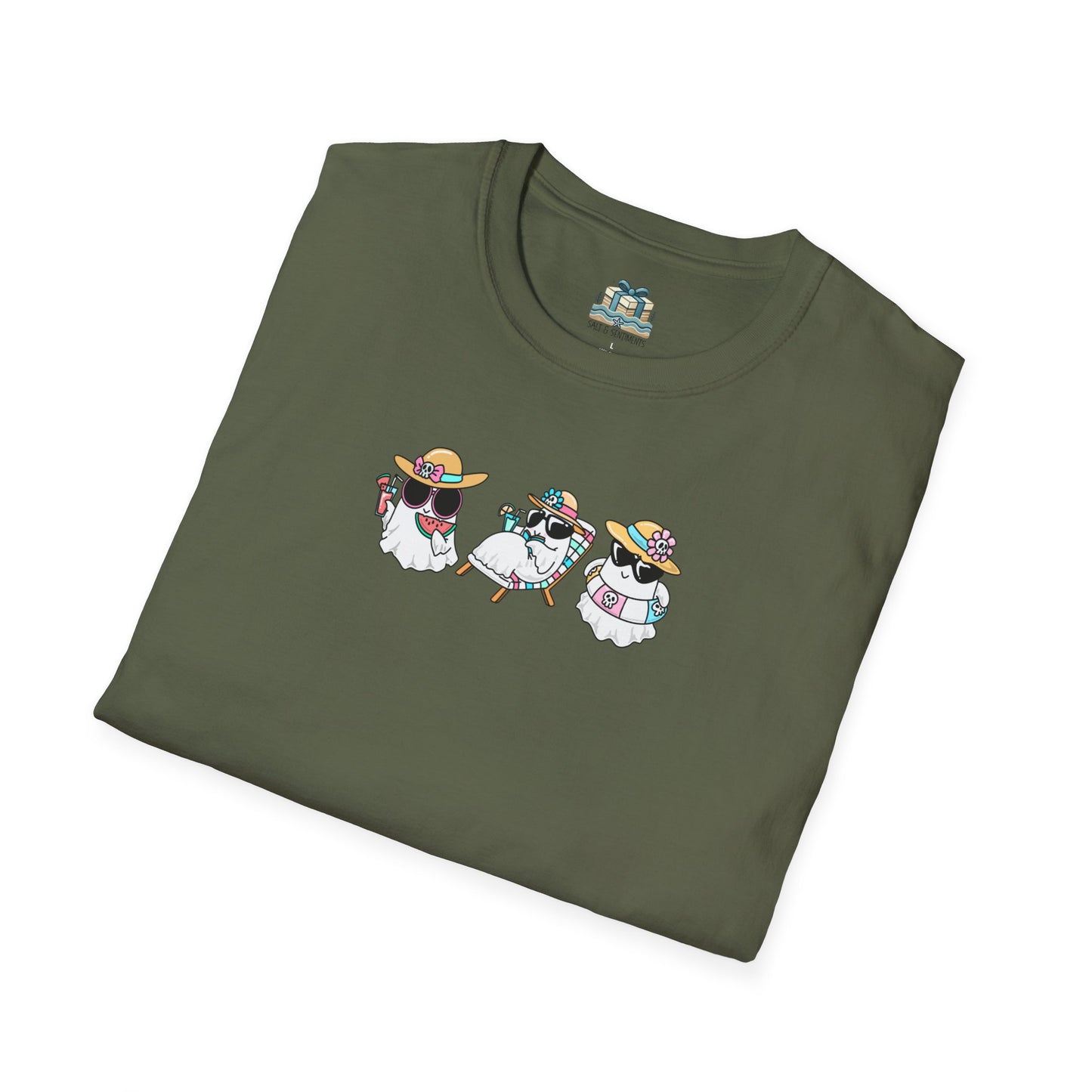 Folded green t-shirt with cartoon dog design on a white background