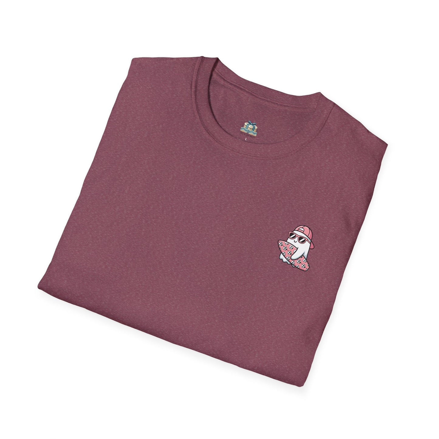 Folded maroon t-shirt with a small logo on a white background