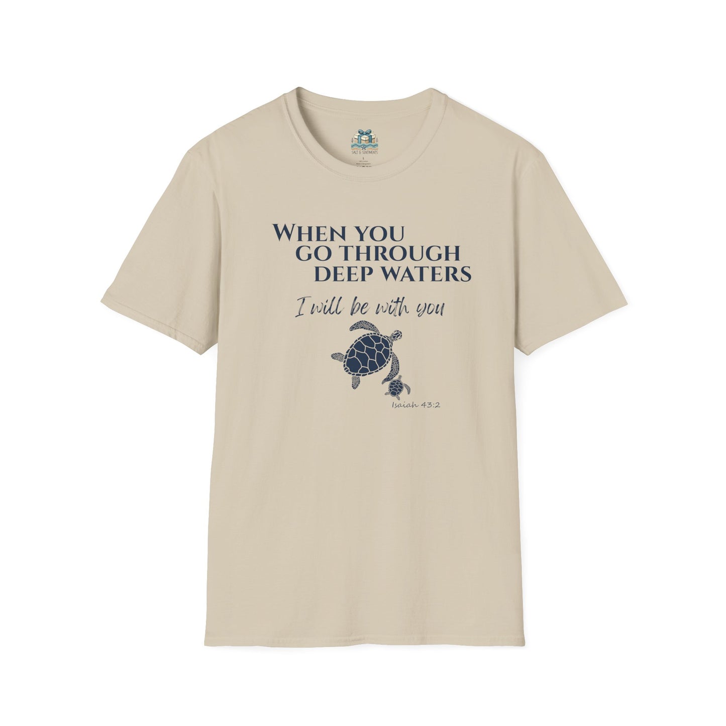 Beige t-shirt with turtle graphic and text on a white background