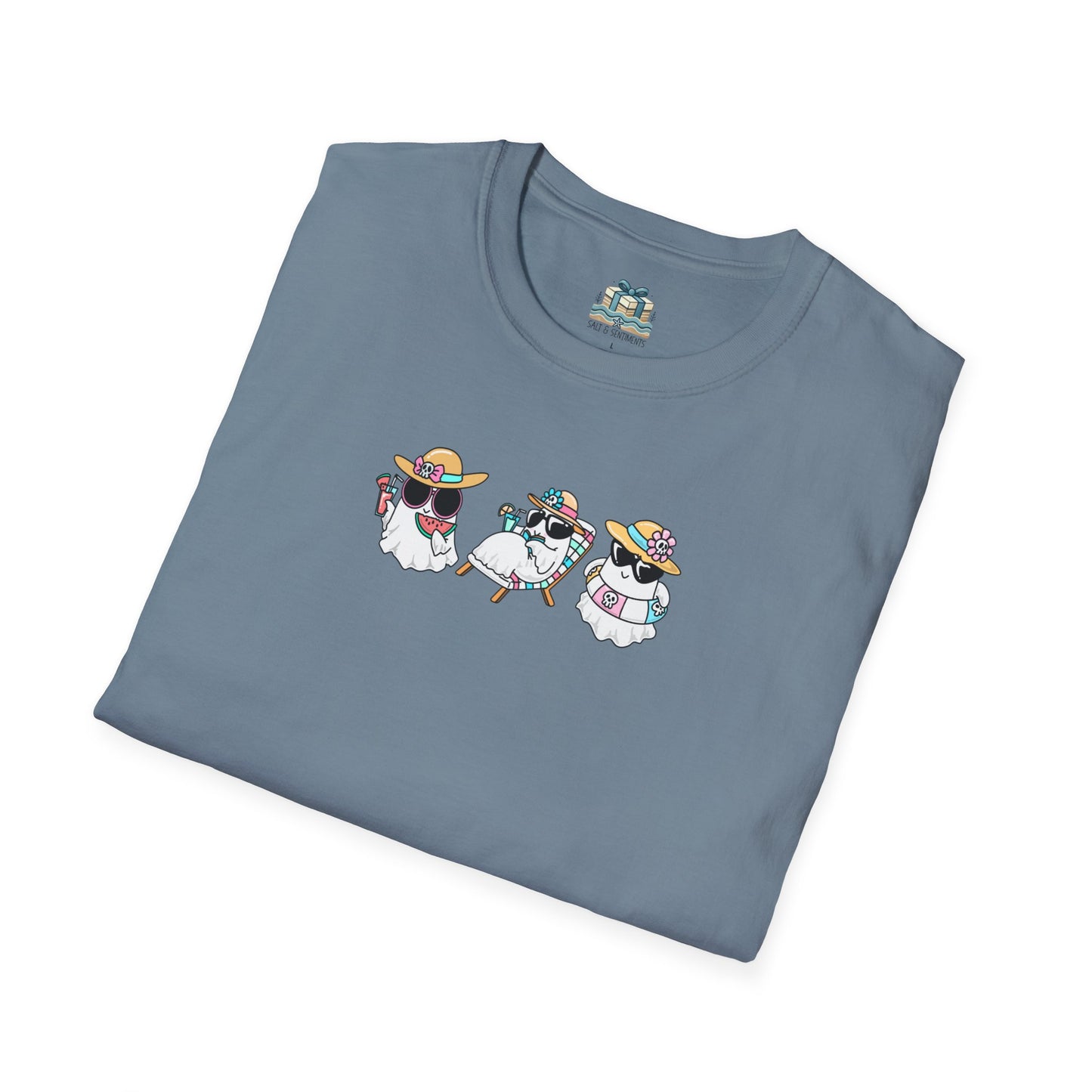 Folded blue t-shirt with cartoon dog design on a white background