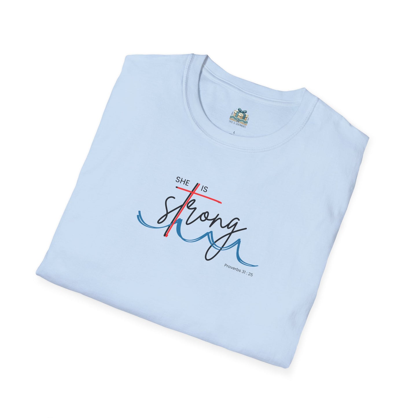 Light blue t-shirt with 'She is strong' text design on a white background