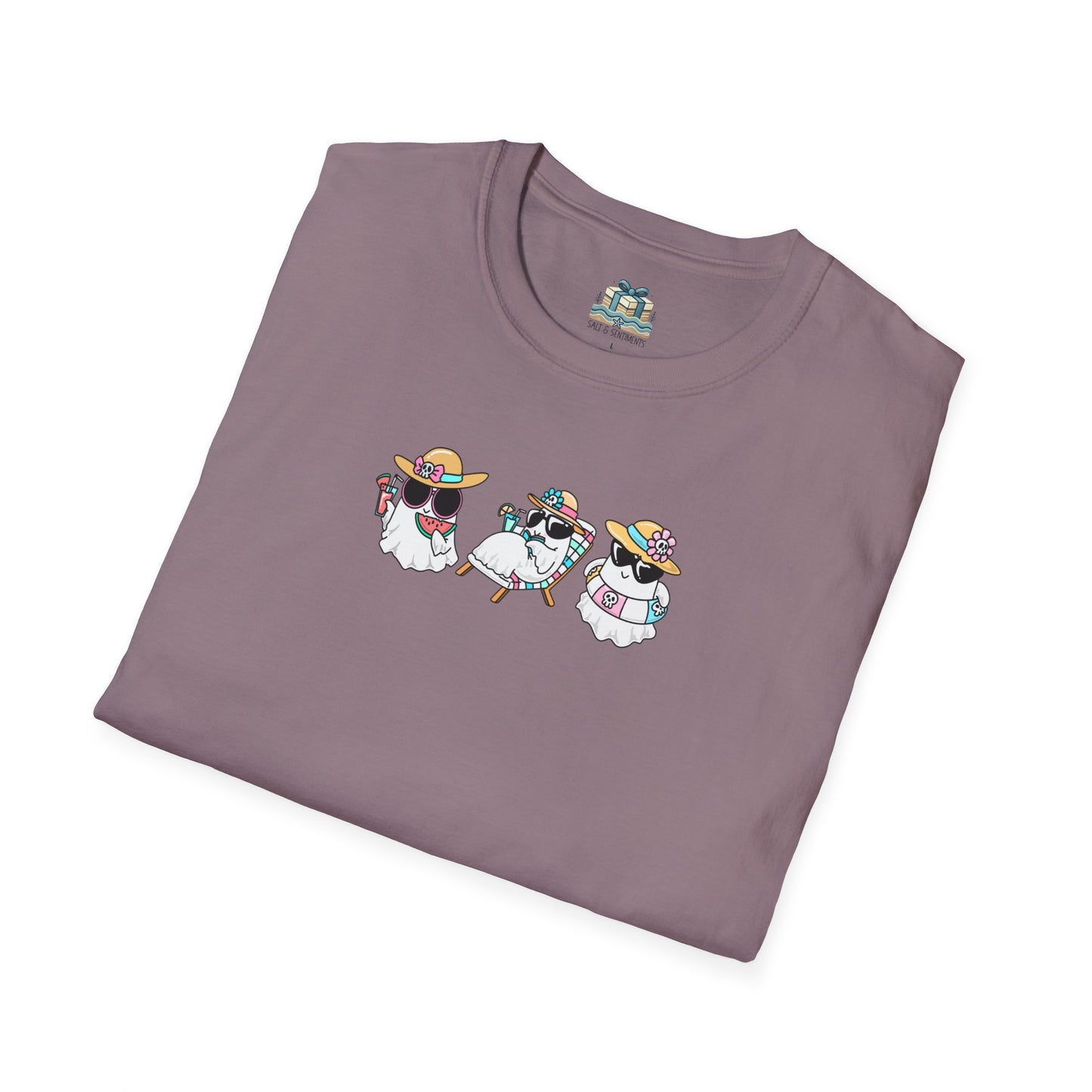 Folded purple t-shirt with dog graphic on a white background