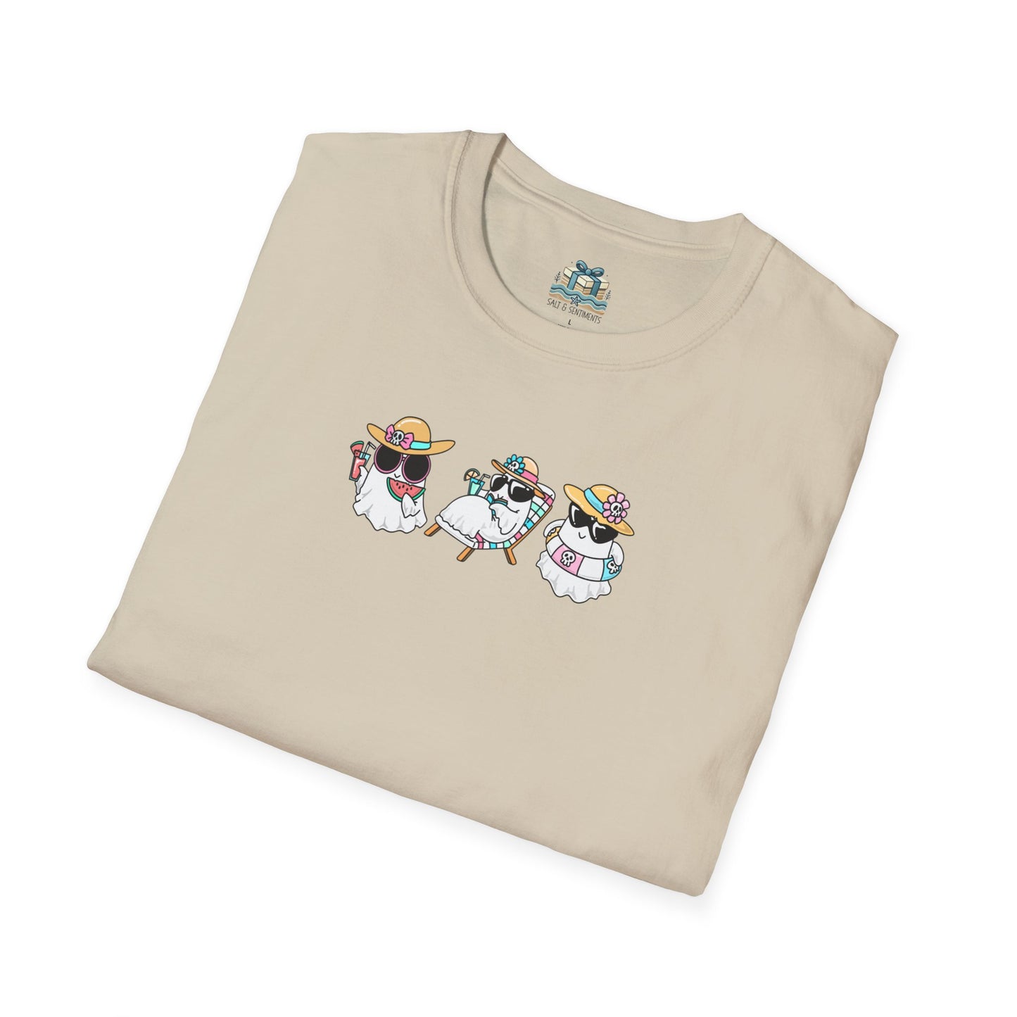 Folded beige t-shirt with cartoon dog design on a white background