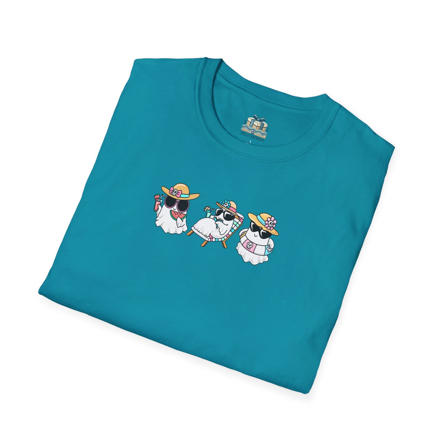 Folded teal t-shirt with cartoon dog design on a white background