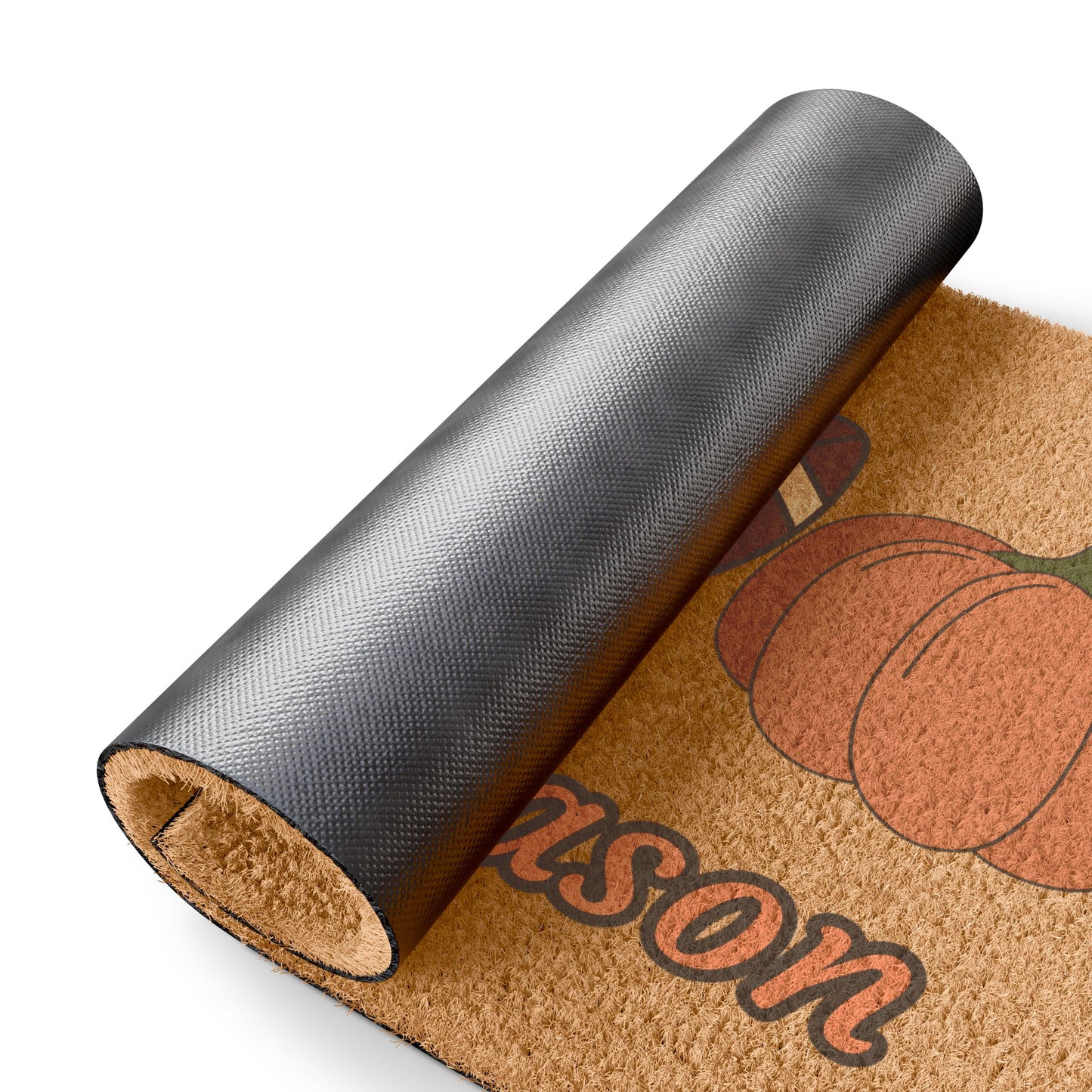 Doormat with 'Wilson' printed on it, featuring pumpkins, rolled up on a white background.