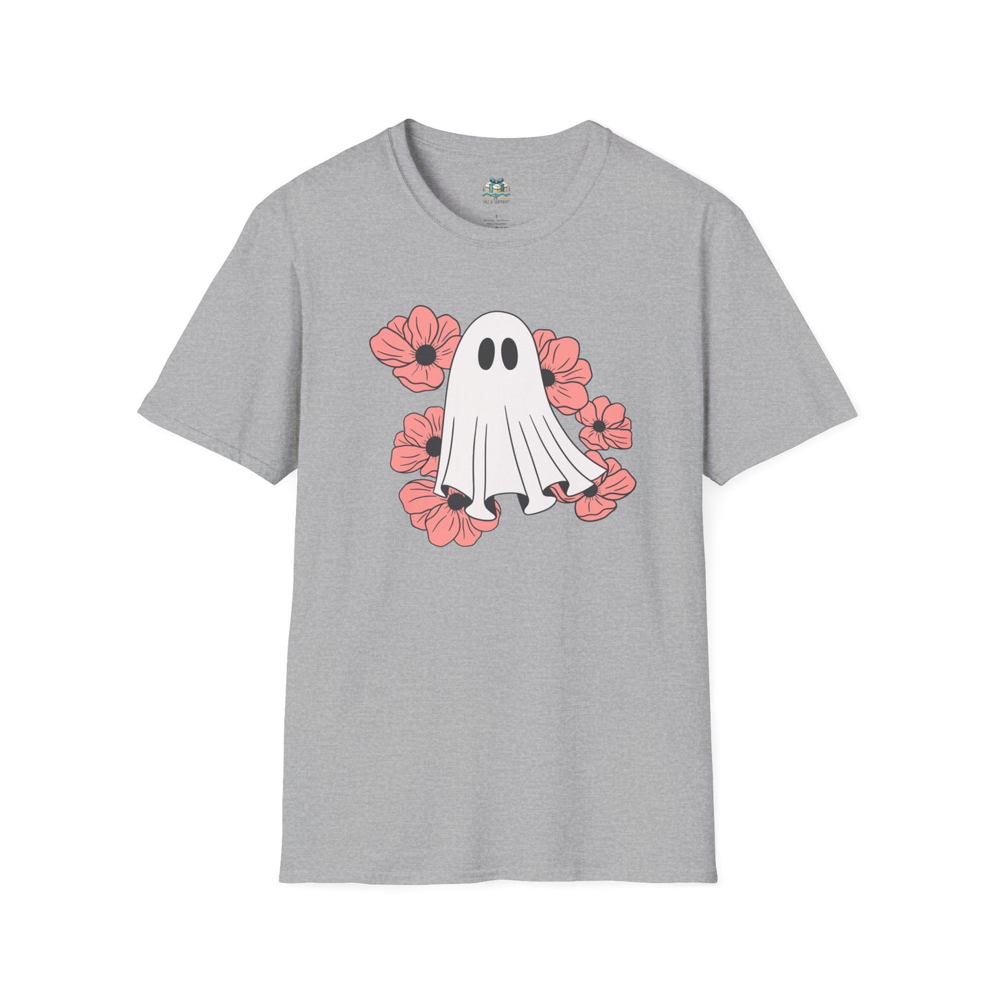 Gray t-shirt with a ghost and flower design on a white background