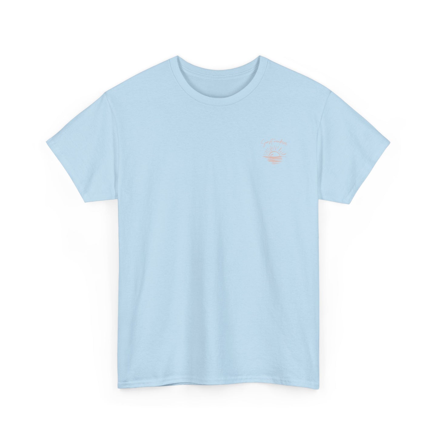 Sunset Wanderer Tee – Soft Pink Boho Beach Graphic Shirt