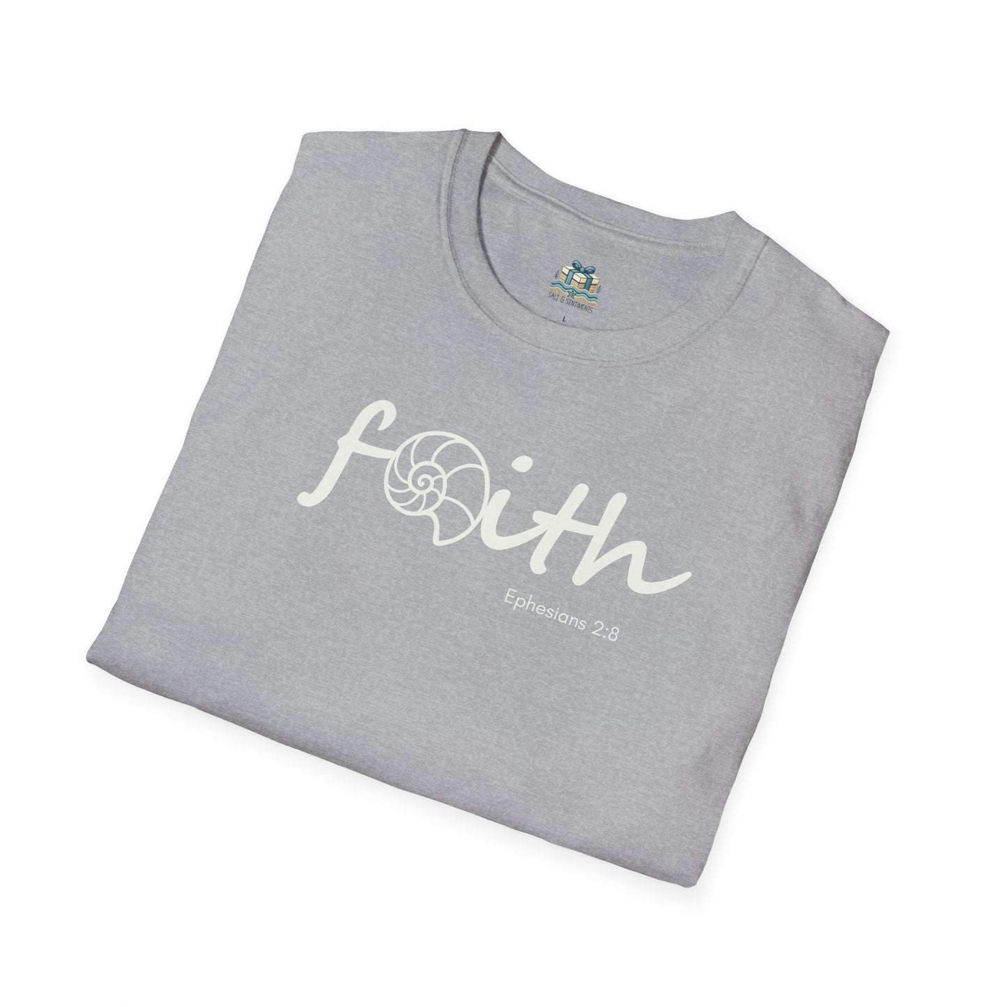 Folded gray t-shirt with 'Faith' and 'Ephesians 2:8' text on a white background