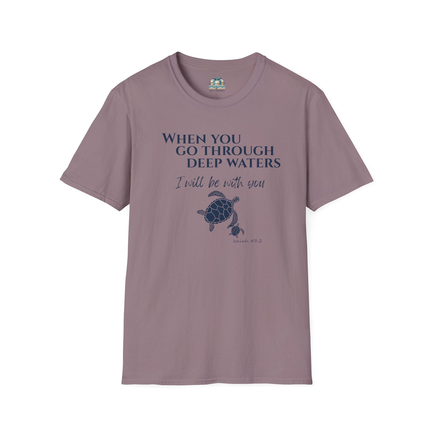 Mauve t-shirt with turtle graphic and motivational quote on a white background